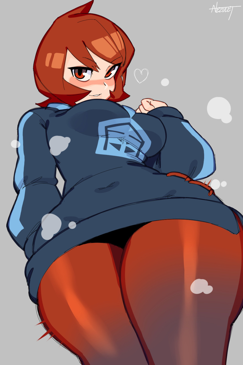 1girl absurdres arezu_(pokemon) bangs blush breasts closed_mouth gradient gradient_clothes gradient_legwear highres jacket long_sleeves looking_at_viewer nezulet pantyhose pokemon pokemon_(game) pokemon_legends:_arceus red_eyes red_hair short_hair smile solo thick_thighs thigh_focus thighs