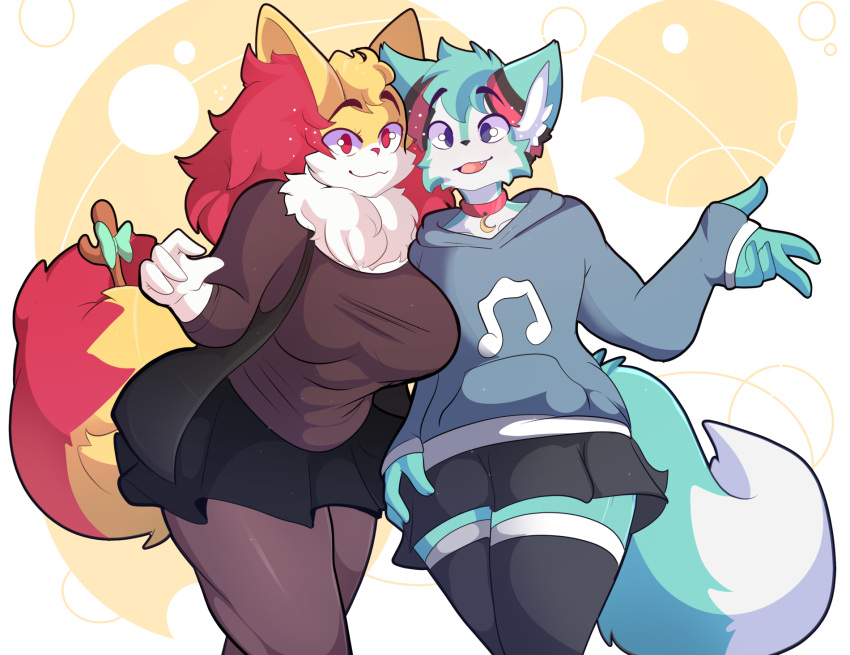 2022 4_fingers anthro big_breasts blue_body blue_eyes blue_fur bottomwear braixen breasts canid canine clothed clothing collar crescent_moon crossdressing cute_fangs duo eyebrows fan_character female fingers fox fur fur_markings girly hi_res hoodie inner_ear_fluff legwear lolzneo long_sleeve_shirt male mammal markings moon musical_note nintendo open_mouth pok&eacute;mon pok&eacute;mon_(species) portrait red_eyes red_nose ribbons roflfox seraphine_(roflfox) side_by_side skirt standing stick thigh_highs three-quarter_portrait topwear tuft video_games white_body white_fur yellow_body yellow_fur