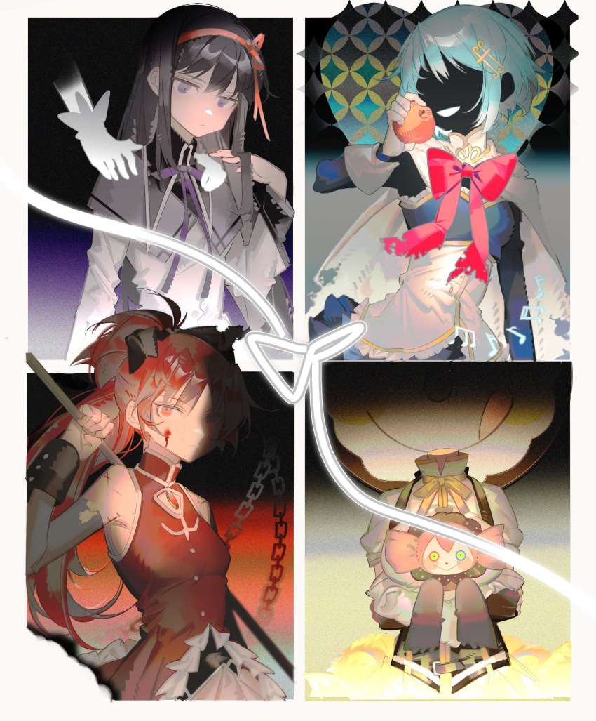 5girls absurdres akemi_homura apple black_background black_capelet black_hair black_ribbon black_skin blood blood_on_face blue_dress blue_eyes blue_hair blue_sleeves bow bowtie burnt cape capelet chain charlotte_(madoka_magica) closed_mouth colored_skin commentary detached_sleeves dress eighth_note english_commentary food fortissimo fortissimo_hair_ornament fruit gloves grey_sleeves hair_ornament hair_ribbon hairband hand_up hands_on_another's_shoulders headless highres holding holding_food holding_fruit kaname_madoka long_hair long_sleeves looking_at_viewer mahou_shoujo_madoka_magica miki_sayaka multiple_girls musical_note neck_ribbon oktavia_von_seckendorff open_mouth parted_lips ponytail purple_eyes purple_ribbon red_bow red_bowtie red_dress red_eyes red_hair red_hairband ribbon rin_lingsong sakura_kyouko scar scar_on_arm shirt short_hair sixteenth_note skirt smile spoilers strapless strapless_dress tomoe_mami torn_clothes white_background white_cape white_gloves white_shirt yellow_ribbon yellow_skirt