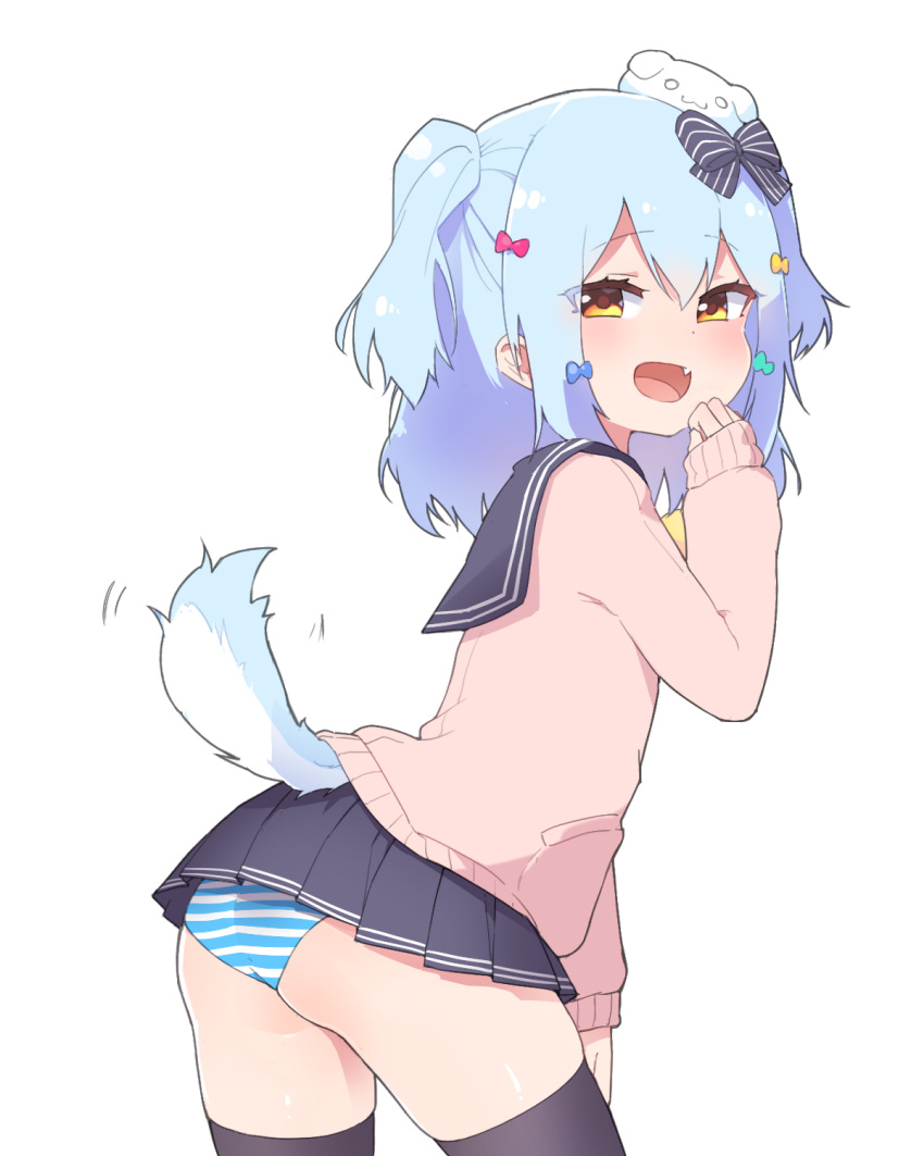 13o 1boy :d blue_hair bow dog_boy dog_hair_ornament dog_tail double_horizontal_stripe gradient_eyes hair_ornament highres inuyama_tamaki looking_at_viewer multicolored_eyes noripro panties paw_pose smile striped striped_bow striped_panties tail thighhighs thighs underwear virtual_youtuber yellow_bow