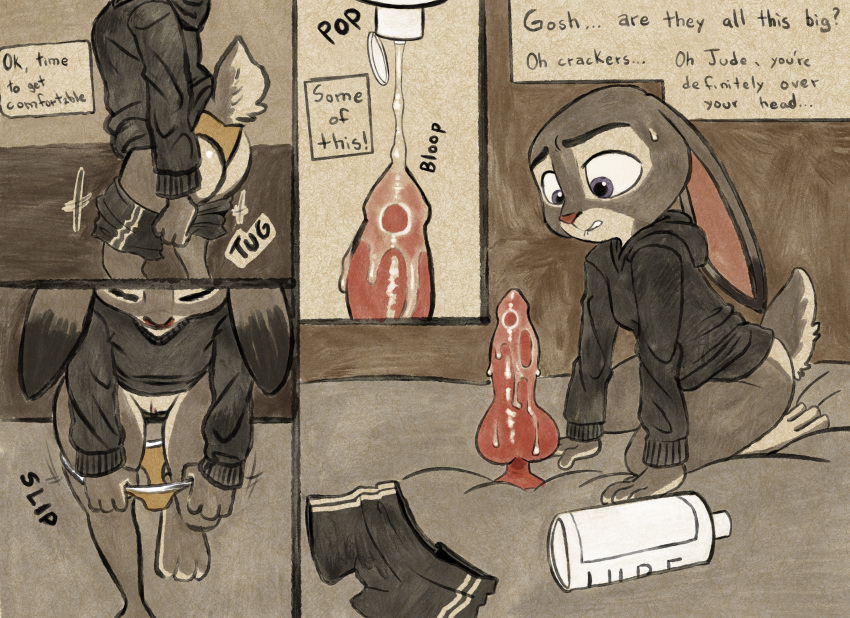 2022 absurd_res anthro bed bite biting_lip biting_own_lip bodily_fluids bottomless bottomless_female bottomwear clothed clothing dialogue dildo disney ears_down english_text female fur furniture genitals grey_body grey_fur hi_res hoodie inside judy_hopps kneeling knotted_dildo lagomorph leporid lube lube_bottle mammal multicolored_body multicolored_fur nervous on_bed panties pivoted_ears purple_eyes pussy rabbit self_bite sex_toy shorts solo sweat text topwear tush two_tone_body two_tone_fur underwear undressing zootopia