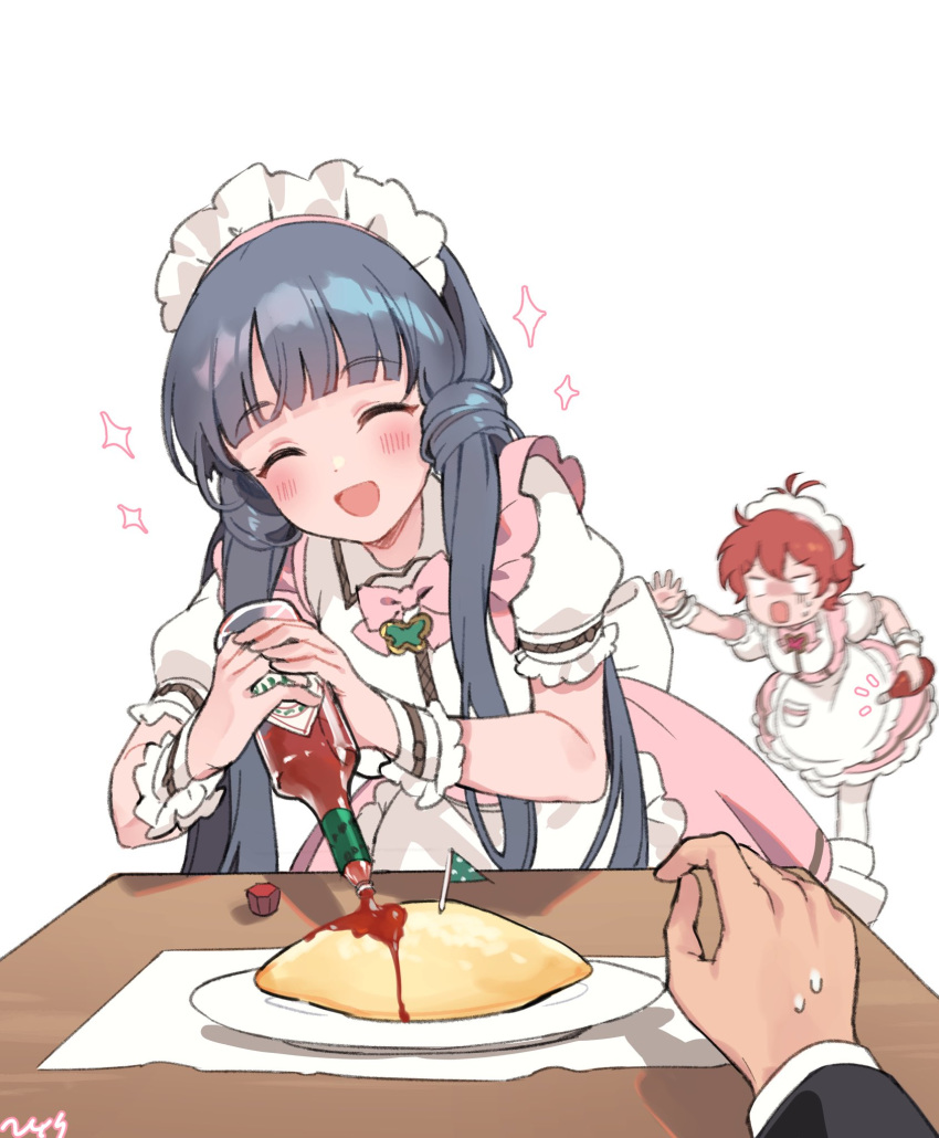 1boy 2girls bangs bow bowtie dark_blue_hair dress eyebrows_visible_through_hair facing_viewer food frills happy highres idolmaster idolmaster_million_live! idolmaster_million_live!_theater_days julia_(idolmaster) ketchup ketchup_bottle kitakami_reika long_hair maid_headdress multiple_girls nys omelet omurice open_mouth pov short_sleeves smile sweatdrop