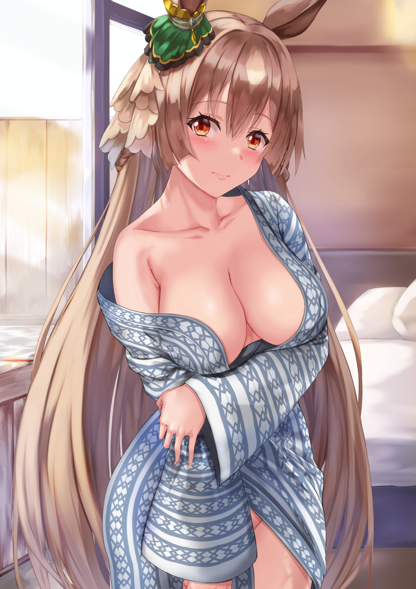 1girl absurdres animal_ears bangs blush breasts brown_hair cleavage closed_mouth collarbone commentary_request eyebrows_visible_through_hair hair_ornament hand_on_own_arm highres horse_ears horse_girl indoors japanese_clothes kimono long_hair long_sleeves looking_at_viewer naked_kimono off_shoulder red_eyes satono_diamond_(umamusume) solo standing uchida_shou umamusume very_long_hair wide_sleeves
