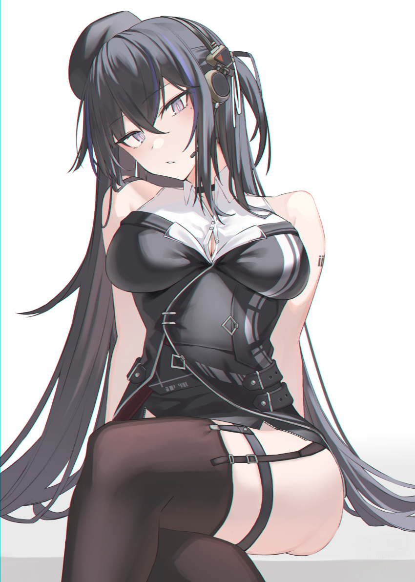 1girl absurdres arm_tattoo bangs bare_arms black_choker black_dress black_hair blue_hair breasts brown_legwear choker commentary commission crossed_legs dress error eyebrows_visible_through_hair garter_straps garters hair_between_eyes hat headset highres koga_taiga large_breasts long_hair looking_at_viewer mole mole_under_eye multicolored_hair original parted_lips simple_background sitting skeb_commission sleeveless sleeveless_dress slit_pupils solo streaked_hair tattoo thighhighs two_side_up very_long_hair white_background