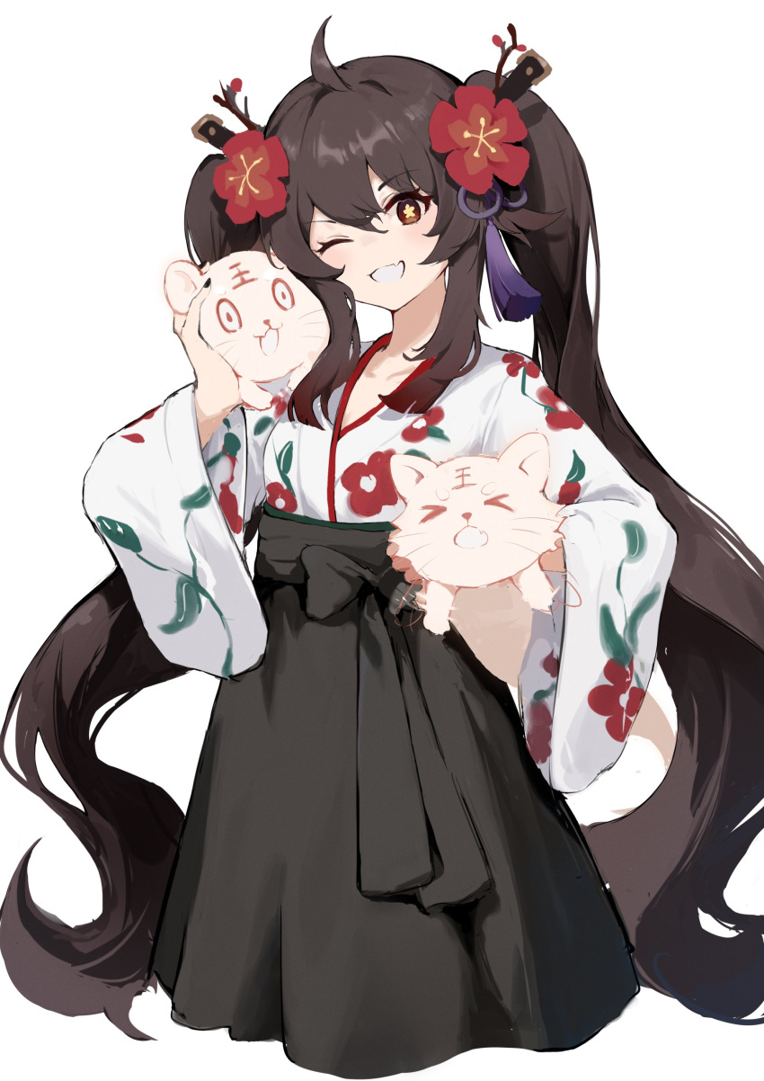 &gt;_&lt; 1girl ;d absurdres ahoge alternate_costume bangs black_bow black_nails black_skirt blush bow breasts brown_hair chinese_clothes chinese_zodiac collarbone commentary_request cropped_legs fang floral_print flower flower-shaped_pupils genshin_impact hair_flower hair_ornament hair_tie highres holding hu_tao_(genshin_impact) long_hair long_sleeves looking_at_viewer natsuichi-sama no_hat no_headwear one_eye_closed plum_blossoms print_sleeves red_eyes shiny shiny_hair simple_background skin_fang skirt skirt_bow small_breasts smile solo standing symbol-shaped_pupils tassel teeth twig two_side_up very_long_hair white_background year_of_the_tiger