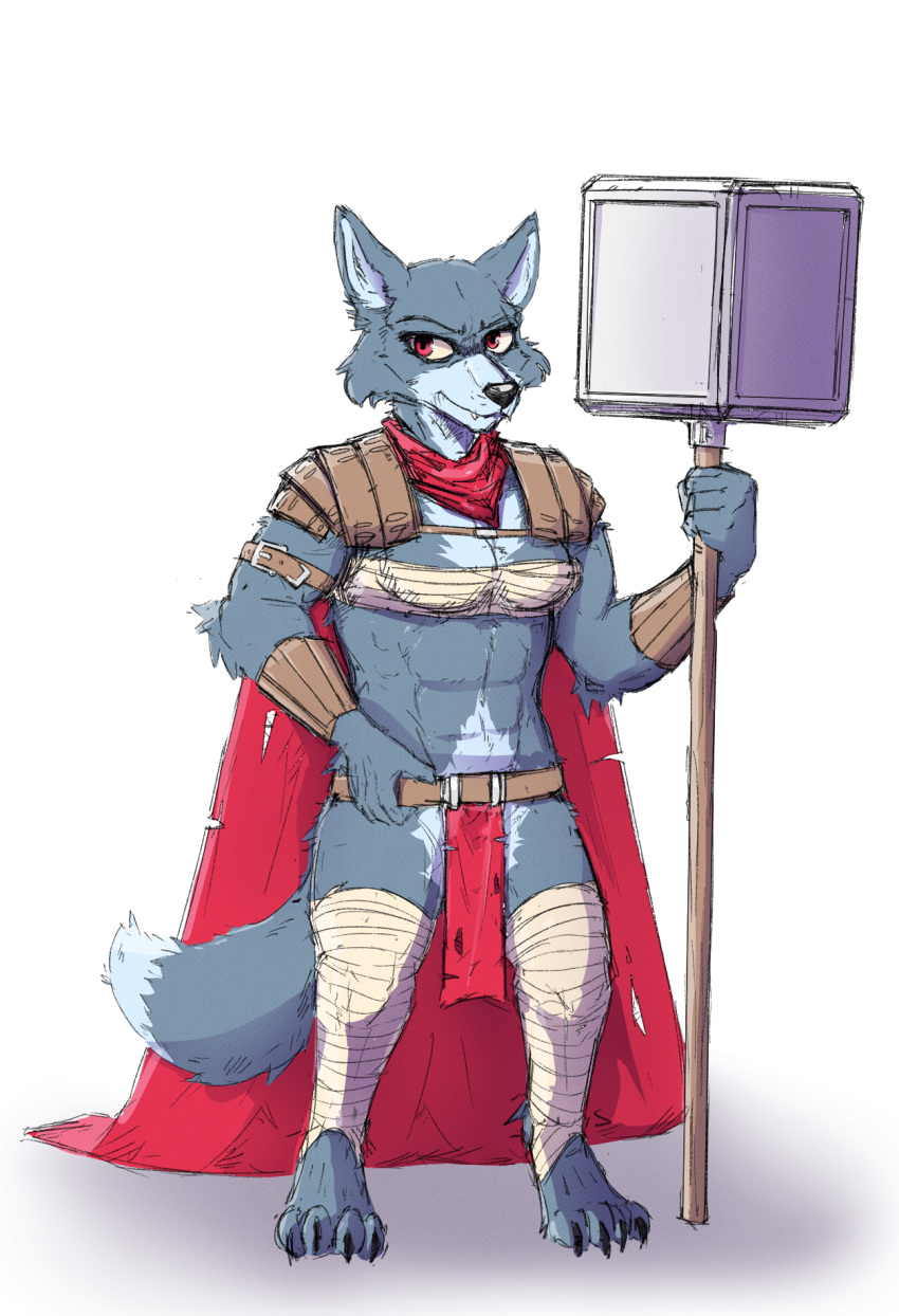 anthro armor belt bottomwear canid canine canis cape clothing female hammer hi_res kerchief legwear loincloth malletspace mammal solo thigh_highs tools wolf