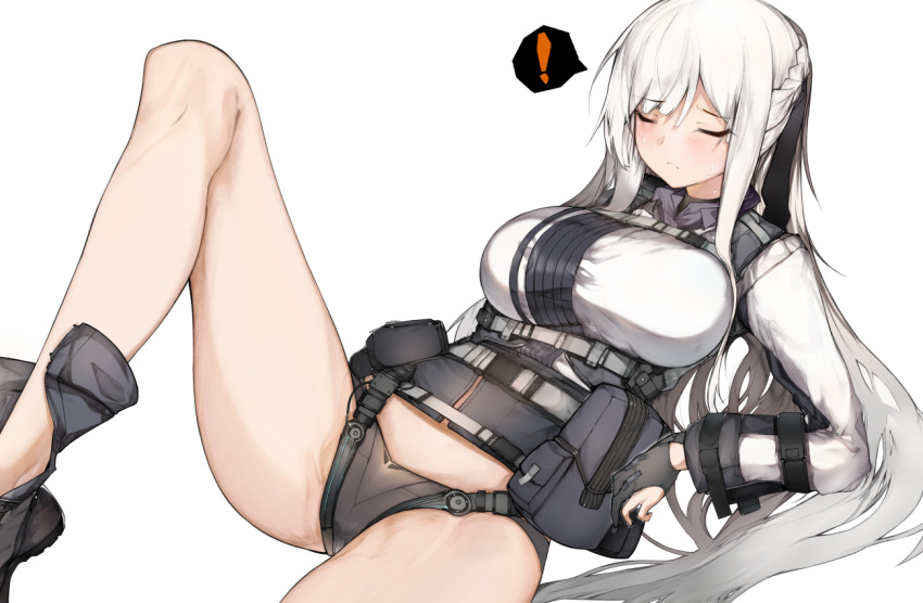 ! 1girl ak-12_(girls'_frontline) black_gloves black_panties braid breasts closed_eyes ekuesu french_braid girls'_frontline gloves large_breasts long_hair long_sleeves panties partially_fingerless_gloves silver_hair simple_background solo speech_bubble spoken_exclamation_mark tactical_clothes underwear very_long_hair white_background white_hair
