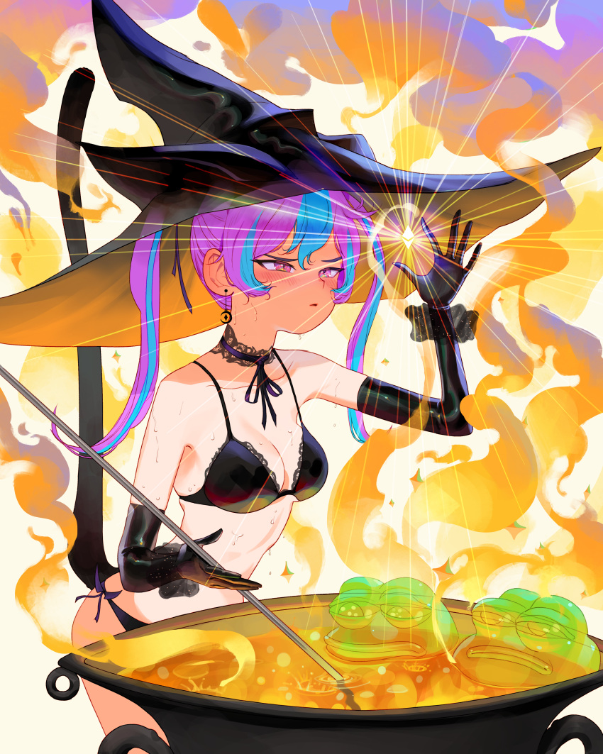 1girl absurdres bangs bikini black_bikini black_choker black_gloves black_headwear blue_hair blush boy's_club breasts cat_tail cauldron choker commentary cowboy_shot crescent crescent_earrings earrings elbow_gloves english_commentary ethereum gloves hat highres holding jewelry looking_away medium_breasts multicolored_hair original parted_lips partially_submerged pepe_the_frog purple_eyes purple_hair standing sweat swimsuit tail tail_raised twintails two-tone_hair white_background witch_hat wonbin_lee