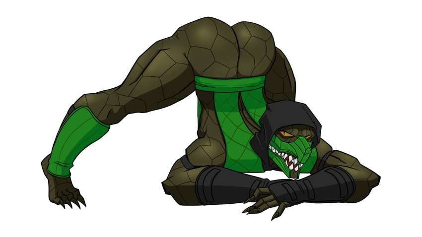 4_toes 5_fingers alpha_channel anthro armor armwear ass_up barefoot bedroom_eyes biceps big_muscles big_teeth bk_hat butt claws clothed clothing feet fingers full-length_portrait full_body_view green_body green_scales green_skin hi_res hoodie jack-o'_pose lizard looking_at_viewer lying male mask monster mortal_kombat muscular muscular_anthro muscular_male narrowed_eyes orange_sclera portrait pose reptile reptile_(mortal_kombat) scales scalie seductive sharp_teeth snout soles solo sonichaxd spread_legs spreading teeth toe_claws toes topwear video_games