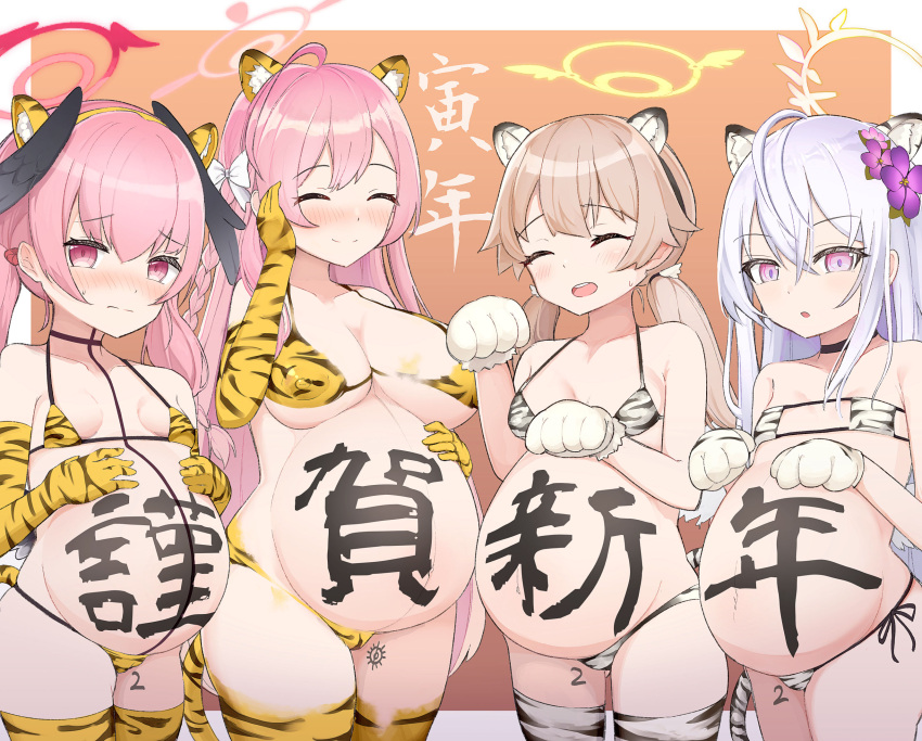 4girls animal_costume animal_ears animal_hands animal_print azusa_(blue_archive) bikini blue_archive blush bodypaint chinese_zodiac gloves halo hanako_(blue_archive) hand_on_own_face hifumi_(blue_archive) highres koharu_(blue_archive) light_brown_hair looking_at_viewer low_twintails multiple_girls nanasumi_(pantie_party_project) paw_gloves pregnant print_bikini smile swimsuit tail tiger_costume tiger_ears tiger_girl tiger_print tiger_tail twintails white_tiger_print wing_hair_ornament year_of_the_tiger yellow_eyes