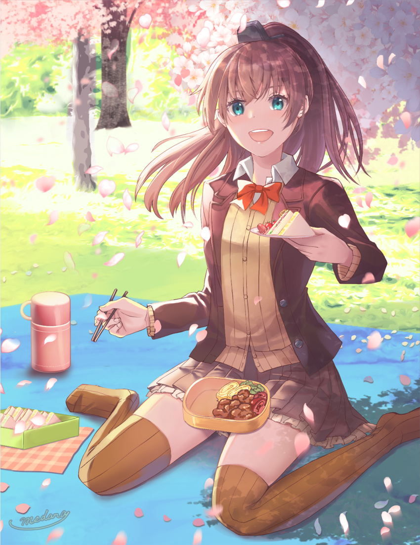 1girl aqua_eyes artist_name blouse blush brown_cardigan brown_hair brown_legwear brown_skirt buttons cardigan cherry_blossoms chopsticks commission food hair_between_eyes highres holding holding_chopsticks kantai_collection kumano_(kancolle) kumano_kai_ni_(kancolle) long_hair long_sleeves medara neck_ribbon open_mouth petals pleated_skirt ponytail red_ribbon ribbon round_teeth sandwich school_uniform signature sitting skeb_commission skirt smile solo teeth thighhighs tree upper_teeth wariza white_blouse