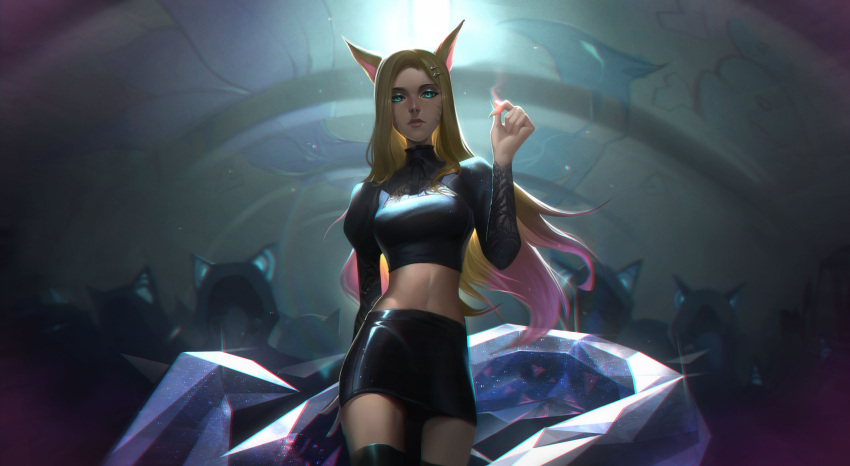 1girl absurdres ahri_(league_of_legends) animal_ears arm_at_side bangs black_skirt blonde_hair breasts facial_mark fox_ears green_eyes hair_ornament hairclip hand_up highres k/da_(league_of_legends) large_breasts league_of_legends long_hair long_sleeves midriff miniskirt navel pencil_skirt shiny shiny_clothes skirt solo the_baddest_ahri thighhighs vincent_t_(oriaarts) whisker_markings zettai_ryouiki