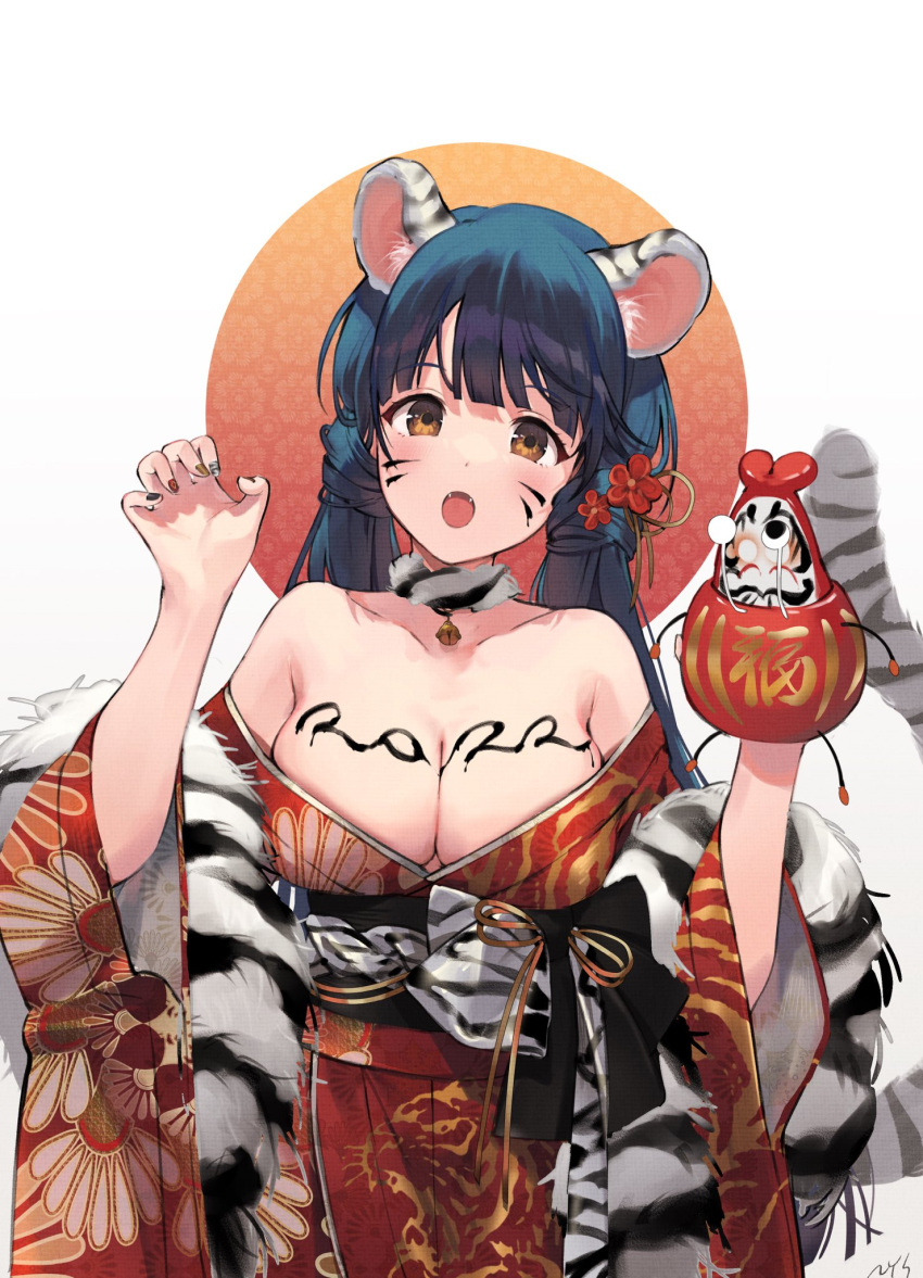 1girl 2022 animal_ears bangs bare_shoulders bell body_writing breasts cleavage dark_blue_hair facial_mark fangs flower fur-trimmed_collar hair_flower hair_ornament hands_up highres holding idolmaster idolmaster_million_live! idolmaster_million_live!_theater_days japanese_clothes kimono kitakami_reika large_breasts long_hair looking_at_viewer low_twintails neck_bell nys open_mouth paw_pose solo tail tiger_ears tiger_tail twintails upper_body whisker_markings yellow_eyes