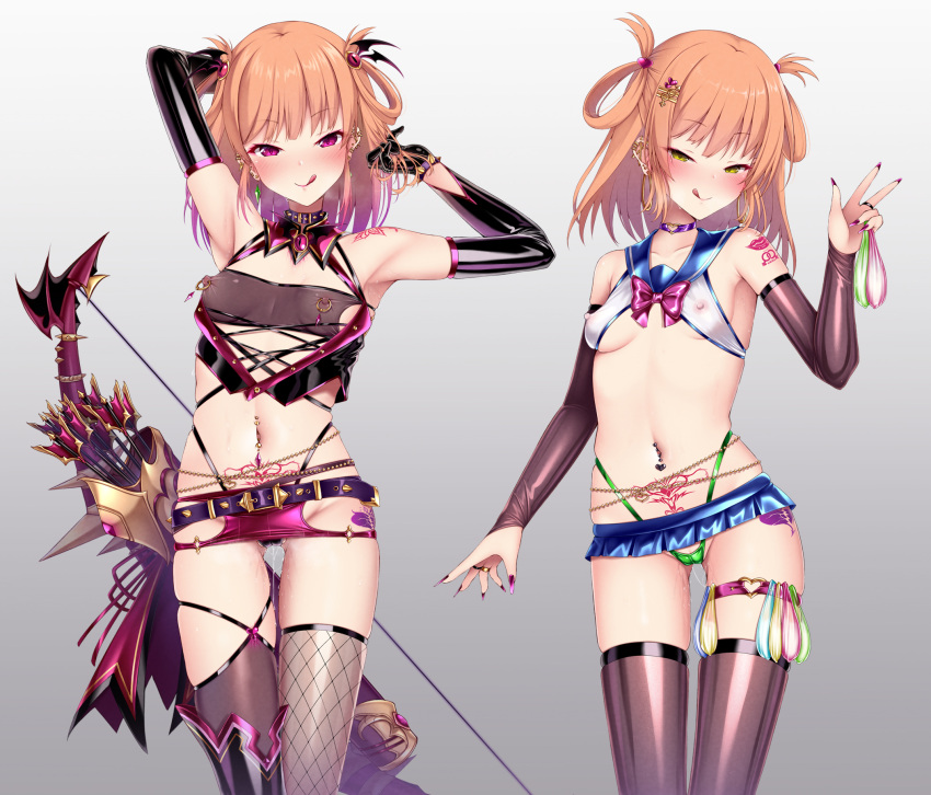 1girl arm_at_side arms_up arrow_(projectile) asymmetrical_legwear blush bow bow_(weapon) bowtie breasts choker collar condom condom_belt ear_piercing elbow_gloves fingernails gloves gradient_hair green_eyes grey_background hair_rings halter_top halterneck hand_up highleg highleg_panties highres licking_lips long_fingernails looking_at_viewer microskirt mismatched_legwear multicolored_hair multiple_condoms multiple_views navel_piercing nipple_piercing nipples o-ring o-ring_choker orange_hair panties panty_peek piercing pink_eyes pink_hair princess_connect! pubic_tattoo puffy_nipples puririn pussy_juice quiver revealing_clothes rino_(princess_connect!) sailor_collar see-through side_cutout simple_background skirt small_breasts smile tattoo thighhighs tongue tongue_out underwear used_condom weapon