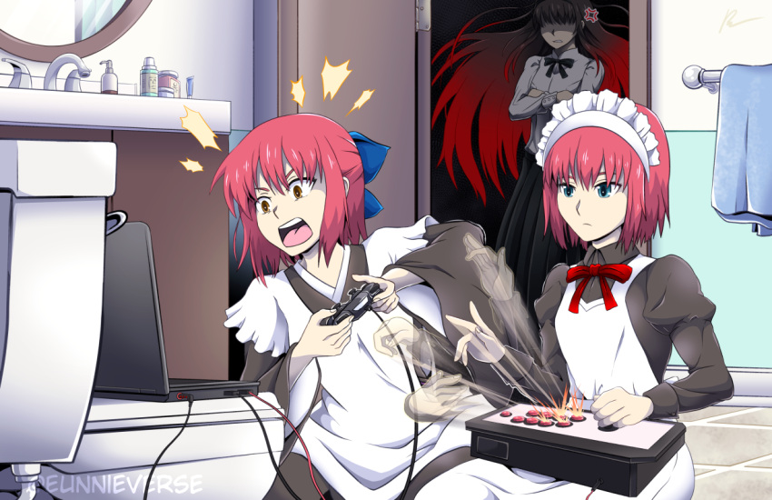 3girls afterimage apron arcade_stick artist_name black_dress black_kimono black_skirt blue_eyes blue_ribbon bow bowtie brown_eyes collarbone commentary computer controller crossed_arms door dress english_commentary eunnieverse expressionless floating_hair game_controller hair_ribbon half_updo hisui_(tsukihime) holding holding_controller indoors japanese_clothes joystick juliet_sleeves kimono kohaku_(tsukihime) laptop long_hair long_skirt long_sleeves maid maid_apron maid_headdress medium_hair melty_blood mirror multiple_girls open_mouth playing_games pleated_skirt puffy_sleeves red_bow red_bowtie red_hair ribbon shirt sidelocks silver_hair skirt standing tohno_akiha toilet_use towel tsukihime wa_maid watermark white_shirt