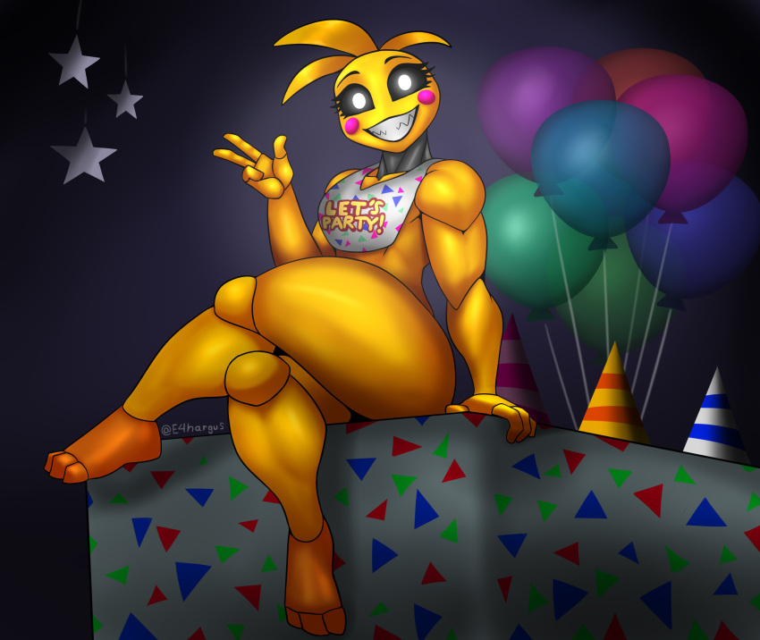 absurd_res animatronic anthro avian balloon bib biceps bird blush cheerful chicken clothing crossed_legs decoration e4hargus english_text eyelashes female five_nights_at_freddy's five_nights_at_freddy's_2 galliform gallus_(genus) gesture glowing glowing_eyes happy hat headgear headwear hi_res inflatable leaning light_eyes looking_at_viewer machine metallic_body mostly_nude party_hat phasianid robot scottgames sharp_teeth sitting sitting_on_table smile smiling_at_viewer solo star teeth text thick_thighs toy_chica_(fnaf) video_games waving waving_at_viewer