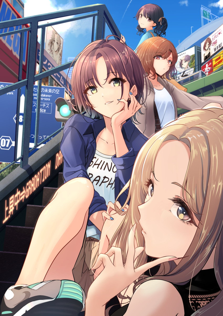 4girls absurdres ad ahoge asakura_tooru bangs blue_sky collarbone contrail expressionless eyelashes fukumaru_koito highres higuchi_madoka ichikawa_hinana idolmaster idolmaster_shiny_colors looking_at_viewer multiple_girls nail_polish nanahoshi_kou noctchill_(idolmaster) on_stairs parted_bangs road_sign sideways_glance sign sitting sky stairs traffic_light v