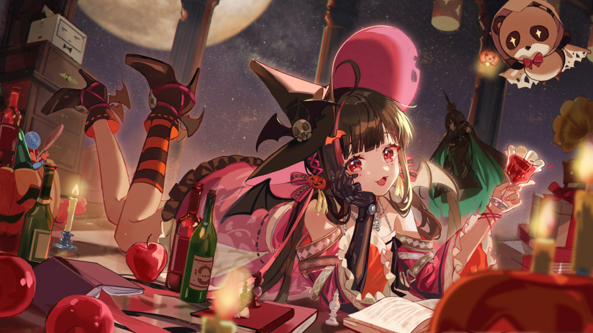 +_+ 2girls ahoge alcohol apple arm_support bangs bare_shoulders bat_ornament bat_wings black_dress black_footwear black_hair black_headwear black_legwear blurry blurry_foreground book bottle box candle chess_piece commentary creature cup detached_sleeves dress drinking_glass eyebrows_visible_through_hair fang food food-themed_hair_ornament frilled_dress frilled_sleeves frills fruit gift gift_box green_hair hair_ornament hair_ribbon halloween hat head_rest high_heels highres holding holding_cup jewelry kanose legs_up long_hair looking_at_viewer lucia_(punishing:_gray_raven) lying mechanical_arms moon multicolored_hair multiple_girls nail_polish necklace night off_shoulder on_stomach open_book open_mouth orange_legwear phonograph pillar pink_dress pink_ribbon pumpkin pumpkin_hair_ornament punishing:_gray_raven qu_(punishing:_gray_raven) red_eyes red_hair red_nails ribbon single_mechanical_arm single_sock sky smile socks solo_focus standing star_(sky) starry_sky streaked_hair striped striped_legwear symbol-only_commentary two-tone_hair wine wine_bottle wings witch_hat