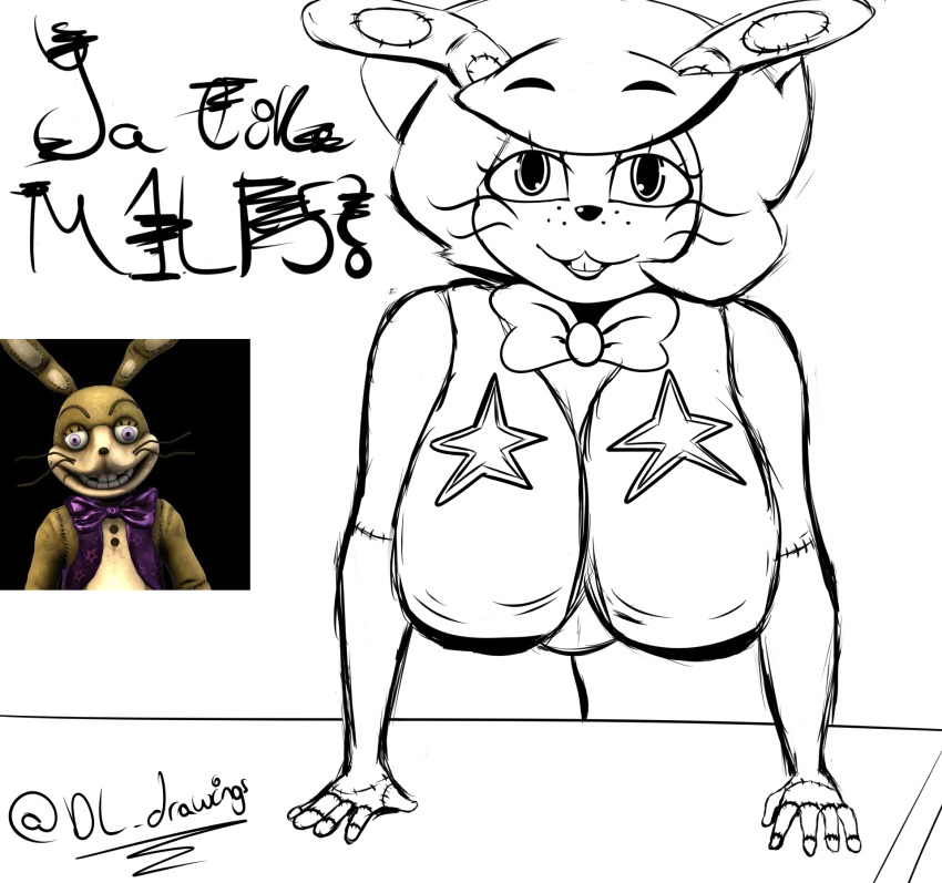 2022 anthro bent_over big_breasts bow_tie breasts clothed clothing desesperadoleon female five_nights_at_freddy's five_nights_at_freddy's_vr:help_wanted glitchtrap hair hi_res lagomorph leporid lips lipstick looking_at_viewer makeup mammal mature_female open_mouth rabbit scottgames solo stitch_(disambiguation) thick_thighs video_games