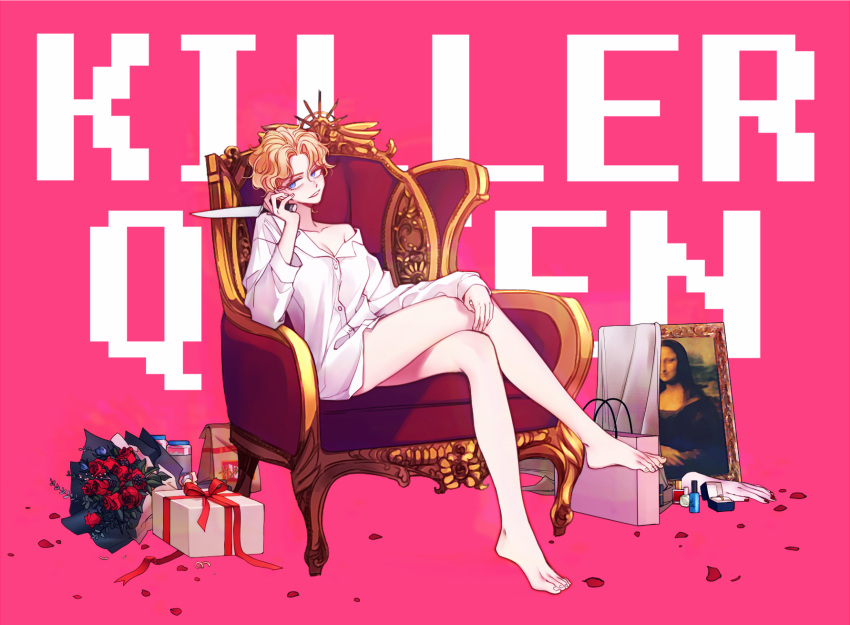 1girl bag barefoot blonde_hair bottomless bouquet chair crossed_legs diamond_wa_kudakenai dress_shirt genderswap genderswap_(mtf) gift highres jojo_no_kimyou_na_bouken kira_yoshikage kitchen_knife lunch mona_lisa painting_(object) paper_bag petals purple_eyes sempon_(doppio_note) severed_limb shirt short_hair sitting solo