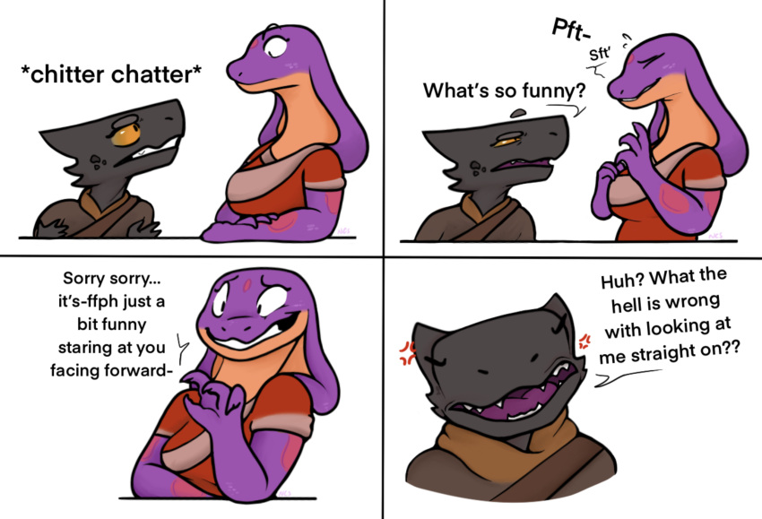 2022 anthro clothed clothing cobra comic cross-popping_vein dialogue duo english_text eyebrows female hi_res humor kobold laugh looking_at_another multiple_scenes ncs open_mouth reptile scalie simple_background size_difference snake snake_hood teeth text the_truth tongue white_background