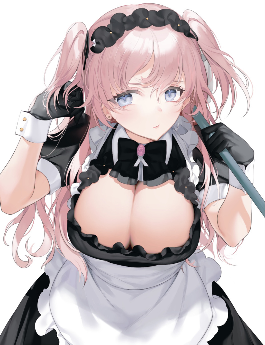 1girl apron bangs black_bow black_bowtie black_dress black_gloves blue_eyes blue_ribbon blurry bow bowtie breasts brooch carrying_over_shoulder cleavage closed_mouth collared_dress cowboy_shot dress earrings eyelashes frills gloves hands_up highres holding jewelry koyo_akio large_breasts leaning_forward long_hair looking_at_viewer maid maid_apron neck_ribbon original pink_hair ribbon short_sleeves simple_background solo two_side_up white_apron white_background wrist_cuffs