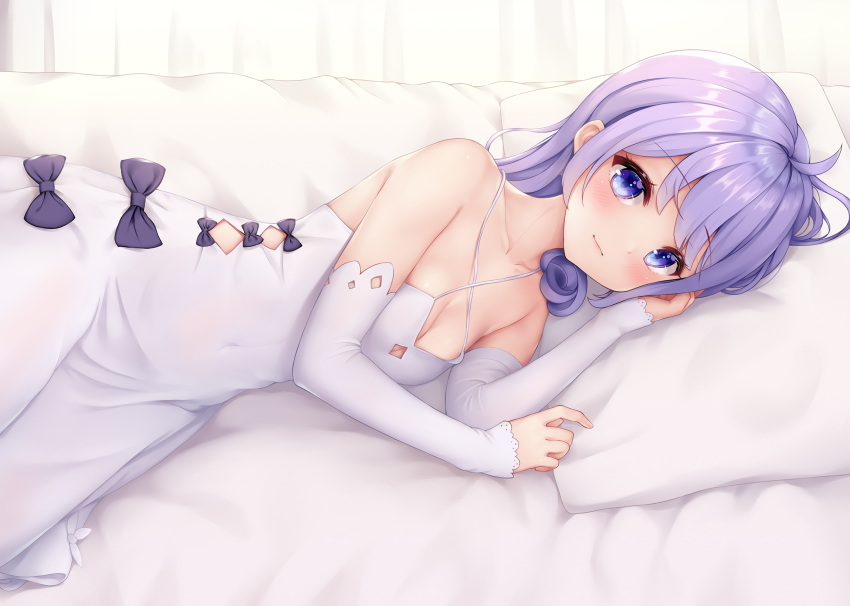 1girl arm_warmers azur_lane bed bedroom blush breasts cleavage covered_navel curtains dress highres indoors long_hair looking_at_viewer lying on_side pillow purple_eyes purple_hair re_xiangbin small_breasts smile solo unicorn_(azur_lane) white_dress