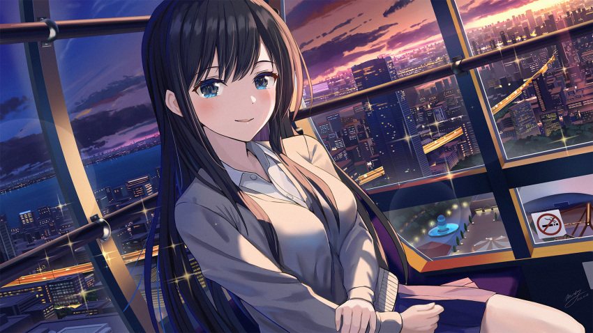 1girl animal_ears bangs black_hair blue_eyes blue_skirt blush building cardigan city city_lights cityscape cloud commentary_request evening ferris_wheel grey_cardigan hair_between_eyes harbor highres highway long_hair long_sleeves looking_at_viewer m.a.y. night no_smoking open_mouth original school_uniform shirt sitting skirt sky smile sunset teeth upper_teeth white_shirt window