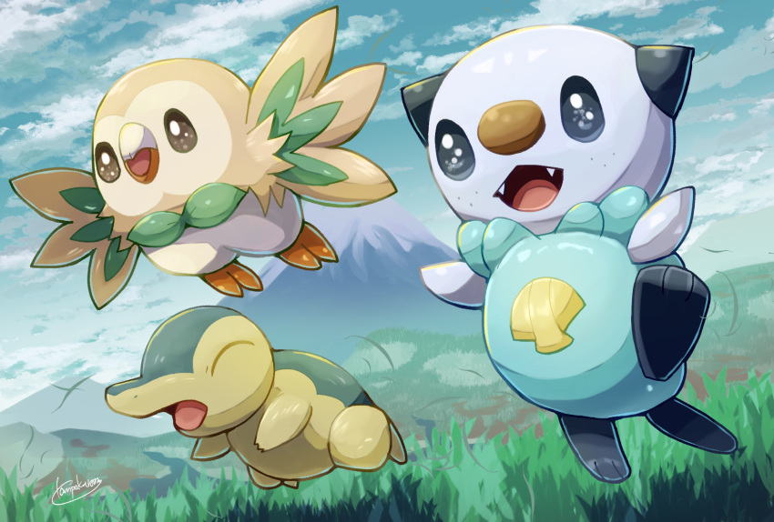 closed_eyes cloud commentary_request cyndaquil day fangs grass happy highres leaves_in_wind mountain no_humans open_mouth oshawott outdoors pokemon pokemon_(creature) rowlet signature sky smile starter_pokemon_trio tanpakuroom tongue