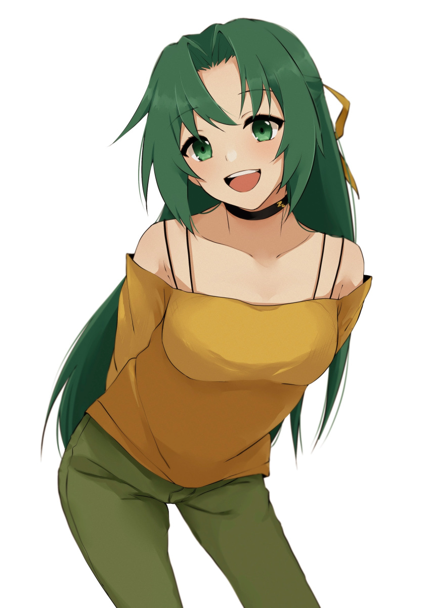 1girl :d absurdres arms_behind_back bangs bent_over black_choker breasts choker collarbone eyebrows_visible_through_hair green_eyes green_hair green_pants hair_intakes hair_ribbon highres higurashi_no_naku_koro_ni long_hair long_sleeves medium_breasts off-shoulder_shirt off_shoulder open_mouth pants poyadevil ribbon shiny shiny_hair shirt simple_background sketch smile solo sonozaki_shion standing very_long_hair white_background yellow_ribbon yellow_shirt