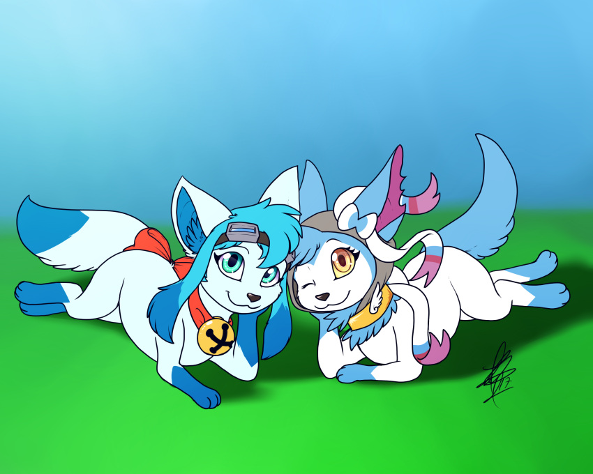 3_fingers 3_toes bell bell_collar black_nose blue_body blue_fur blue_hair bow_ribbon cel_(glaceon) clothing collar duo eeveelution eyewear feet female feral fingers fur glaceon goggles grass hair half-closed_eyes hand_on_cheek hi_res hoodie inner_ear_fluff looking_at_viewer lying narrowed_eyes nintendo on_ground plant pok&eacute;mon pok&eacute;mon_(species) sai_(sylveon) shikaro shiny_pok&eacute;mon simple_background sylveon teal_eyes toes topwear tuft video_games white_body white_fur yellow_eyes