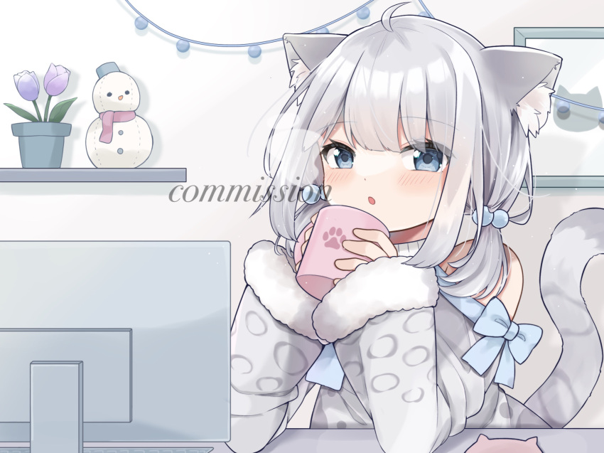 1girl :o amaris_yuri animal_ear_fluff animal_ears blowing blue_bow blue_eyes blush bow clothing_cutout commission cup cyberlive flower grey_sweater highres holding holding_cup leopard_ears leopard_girl leopard_tail low_twintails mug nono_chitose off_shoulder open_mouth pink_flower pink_tulip purple_tulip short_hair shoulder_cutout silver_hair skeb_commission solo sweater tail tulip twintails virtual_youtuber