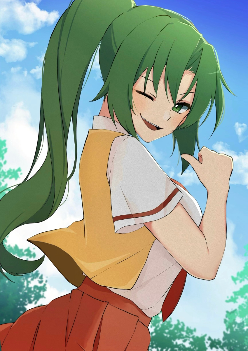 1girl ;d absurdres blue_sky cloud day eyebrows_visible_through_hair floating_hair from_side green_eyes green_hair hair_intakes high_ponytail highres higurashi_no_naku_koro_ni long_hair looking_at_viewer looking_to_the_side necktie one_eye_closed open_clothes open_mouth open_vest orange_skirt outdoors pleated_skirt poyadevil red_necktie school_uniform shirt short_sleeves skirt sky smile solo sonozaki_mion very_long_hair vest white_shirt yellow_vest