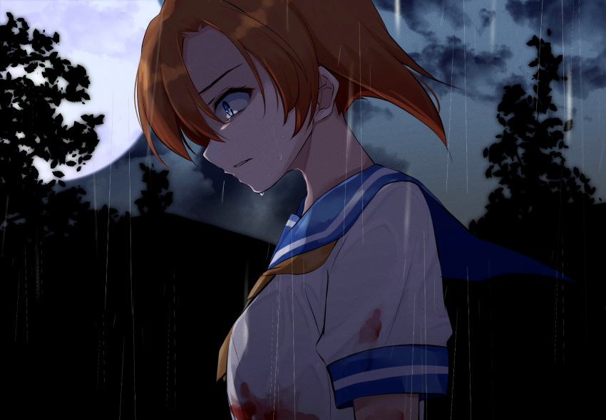 1girl bangs blood blood_on_clothes blue_eyes blue_sailor_collar brown_hair collared_shirt hair_between_eyes highres higurashi_no_naku_koro_ni moon neckerchief night open_mouth outdoors poyadevil profile rain ryuuguu_rena sailor_collar sailor_shirt school_uniform serafuku shirt short_hair short_sleeves solo upper_body wet wet_clothes wet_shirt white_shirt yellow_neckerchief