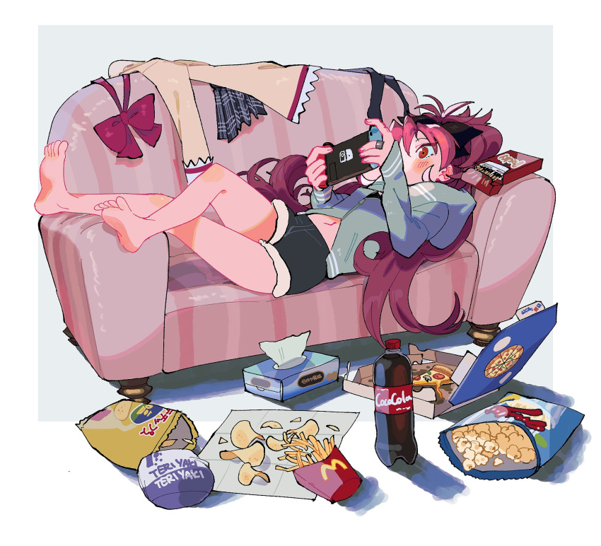 1girl blush bow bowtie bowtie_removed chips couch domino's_pizza folded_leg food french_fries highres jacket jewelry long_hair mahou_shoujo_madoka_magica messy_hair navel nintendo_switch pizza playing_games pocky ponytail popcorn potato_chips red_eyes red_hair relaxing ring sakura_kyouko shorts simple_background symbol-only_commentary tissue_box tsurime yooki_(winter_cakes)
