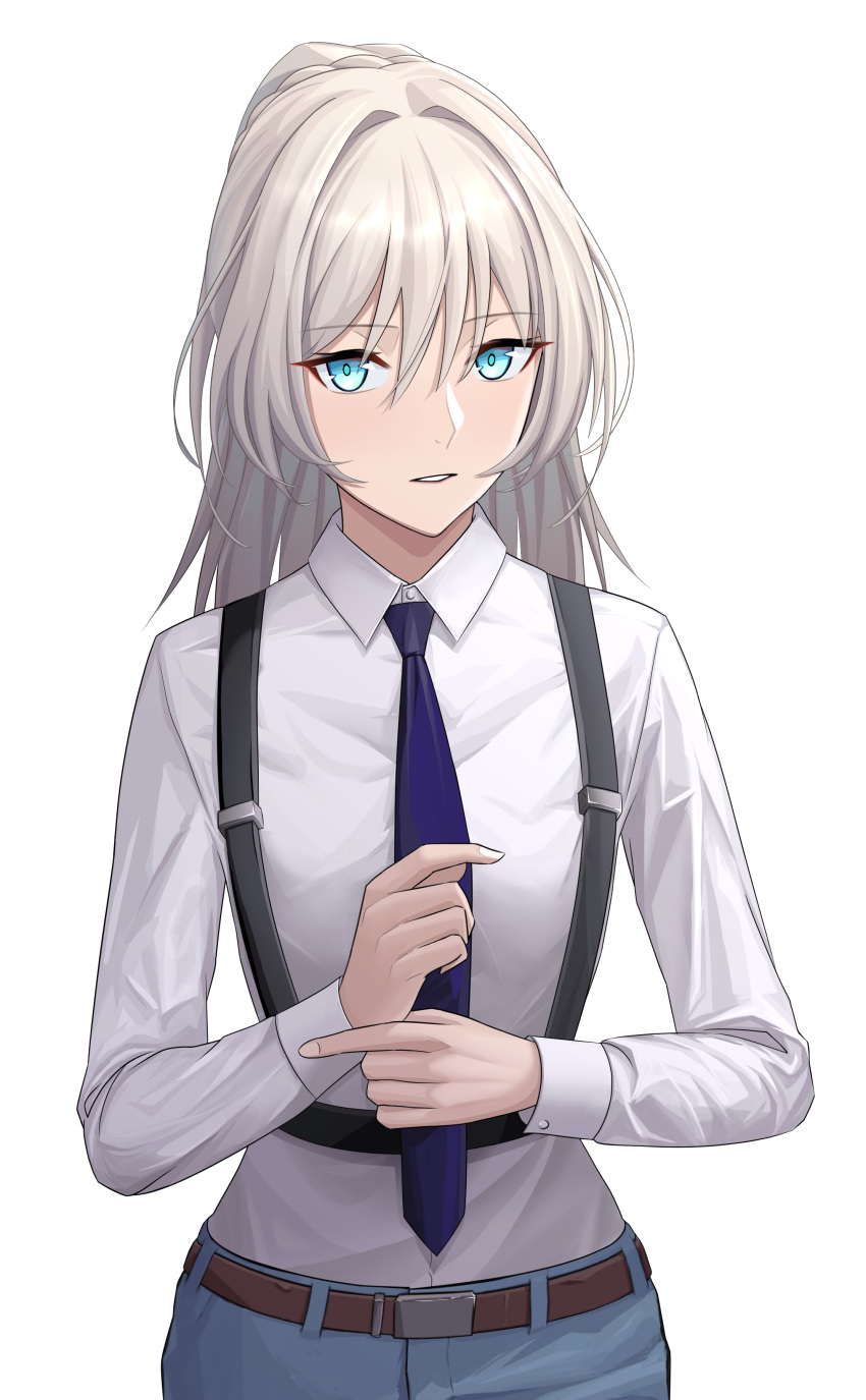 1girl absurdres an-94_(girls'_frontline) aqua_eyes bangs belt blonde_hair blue_necktie blue_pants breasts constantine-xii defy_(girls'_frontline) eyebrows_visible_through_hair girls'_frontline hair_between_eyes highres holding_necktie long_hair looking_at_viewer necktie open_mouth pants shirt small_breasts solo standing suspenders teeth white_background white_shirt