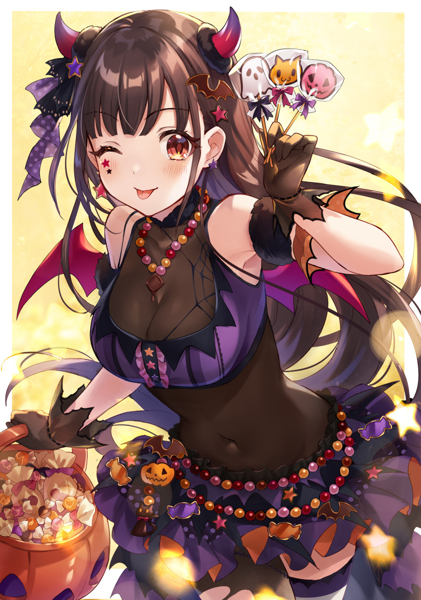 1girl ;p arm_strap basket black_bodysuit blush bodysuit breasts brown_gloves brown_hair cleavage demon_wings earrings floating_hair gloves halloween halloween_bucket halloween_costume highres holding holding_basket horns idolmaster idolmaster_shiny_colors iku2727 jewelry kuwayama_chiyuki long_hair medium_breasts miniskirt navel one_eye_closed purple_skirt red_eyes red_wings see-through shiny shiny_hair skirt solo star_(symbol) star_earrings thigh_strap tongue tongue_out very_long_hair wings yellow_background