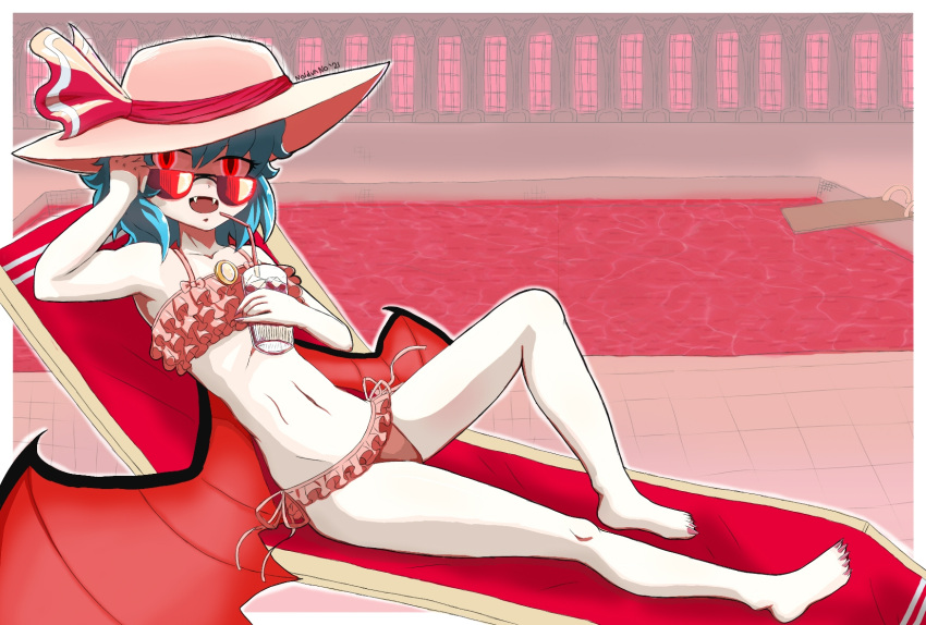 1girl bat_wings beach_chair blood blue_hair diving_board fangs frills glowing glowing_eyes hands_on_own_head hat highres mansion navel pool pool_of_blood red_eyes relaxing remilia_scarlet smoothie sun_hat sunglasses swimsuit touhou user_rzmd5258 window wings