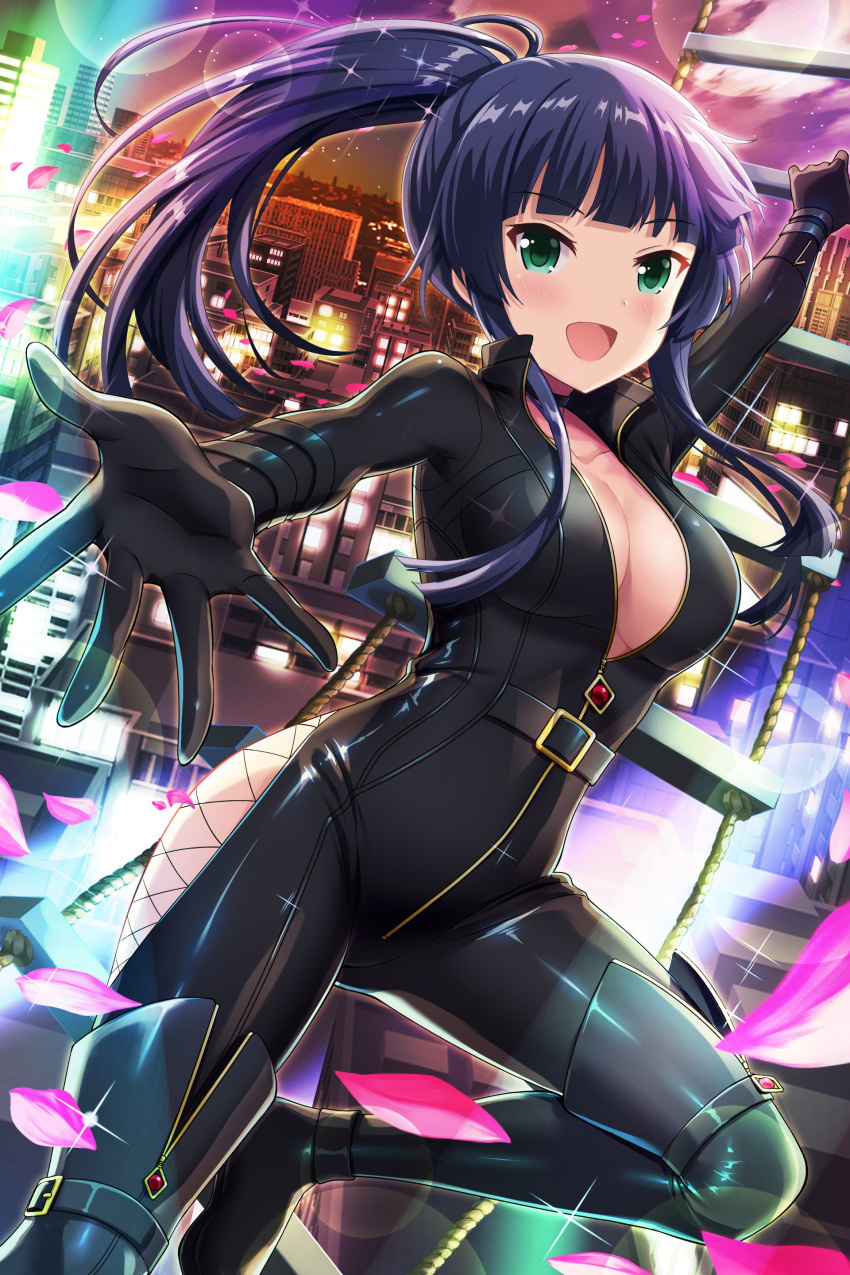 1girl absurdres alternative_girls black_bodysuit blue_hair bodysuit breasts cleavage eyebrows_visible_through_hair green_eyes highres holding ladder long_hair looking_at_viewer night official_art open_hand open_mouth outdoors ponytail smile solo tendou_machi