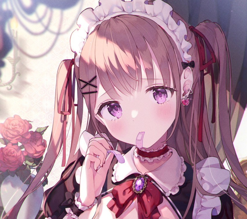 1girl amulet bandaid bangs black_bow black_dress blush bow bowtie brown_hair candle choker closed_mouth collar commentary_request dengeki_moeou dress earrings eyebrows_visible_through_hair flower frilled_choker frilled_collar frills hair_ornament hair_ribbon hairclip hand_up holding_bandaid jewelry kappe_reeka leaf long_hair looking_at_viewer maid maid_headdress mouth_hold nail_polish original portrait purple_eyes red_bow red_bowtie red_choker red_flower red_ribbon ribbon shade solo two_side_up vase wrist_cuffs