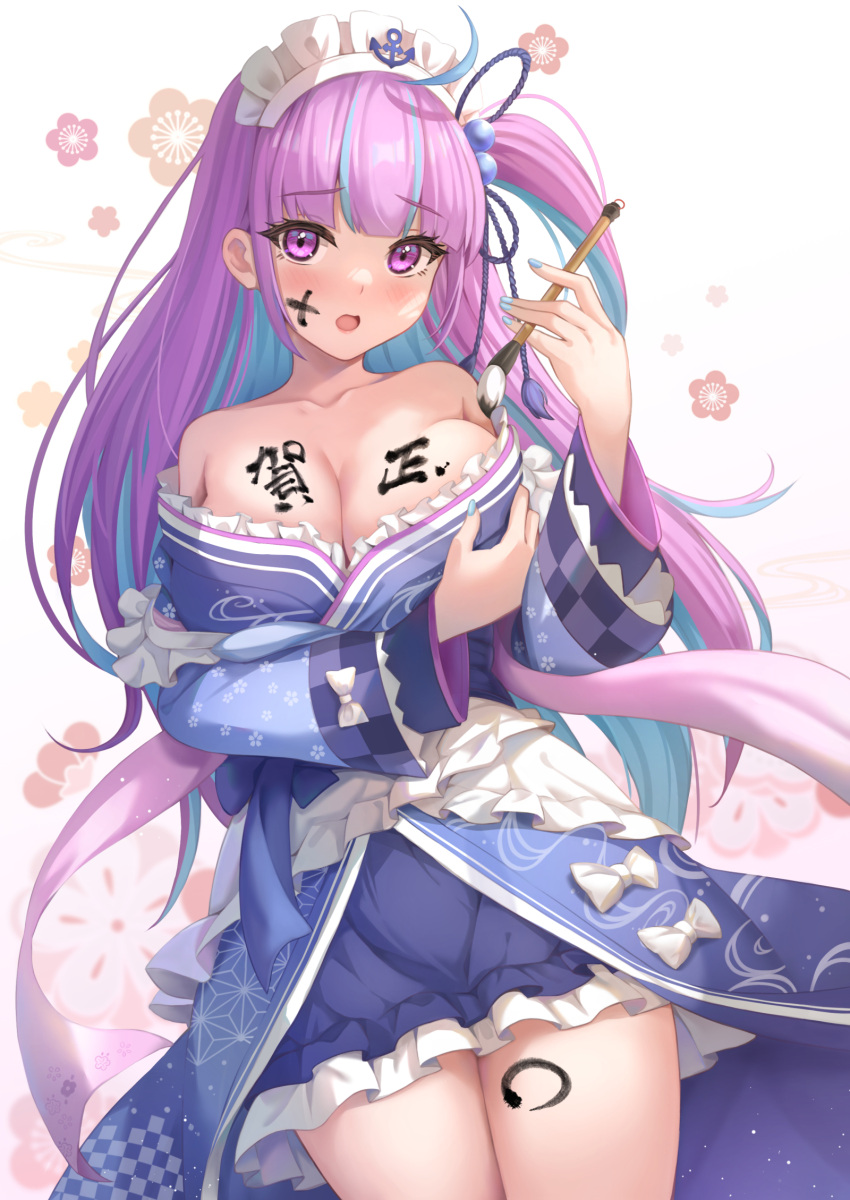 1girl :o ahoge anchor_symbol blue_hair blue_kimono blue_nails blush body_writing bodypaint breast_hold breasts calligraphy_brush cleavage collarbone commentary_request cowboy_shot facepaint floral_background frilled_kimono frills hair_ribbon highres holding holding_brush hololive japanese_clothes keikei_(kitty_colors) kimono kimono_pull large_breasts long_hair long_sleeves looking_at_viewer maid_headdress minato_aqua multicolored_hair nail_polish one_side_up open_mouth paintbrush purple_eyes purple_hair purple_ribbon ribbon solo translated two-tone_hair very_long_hair virtual_youtuber white_background