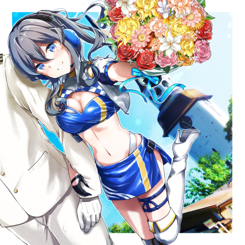 1boy 1girl absurdres admiral_(kancolle) analog_clock arm_hug black_gloves blue_bandeau blue_eyes blue_hair blue_skirt boots bouquet clock clock_tower cowboy_shot cropped_jacket dutch_angle gloves gotland_(kancolle) hair_bun half_gloves head_out_of_frame headphones headset highleg highleg_panties highres jacket kantai_collection long_hair looking_at_viewer microphone mole mole_under_eye official_alternate_costume panties parted_lips ponytail race_queen skirt smile solo_focus thigh_boots thighhighs tower underwear watarino white_footwear white_jacket white_legwear white_panties