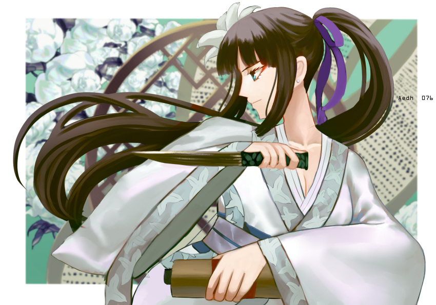 1girl aedh076 bangs black_hair blue_eyes breasts chinese_clothes cleavage dagger eyeshadow fate/grand_order fate_(series) floral_background flower from_side hair_flower hair_ornament highres holding holding_dagger holding_weapon jing_ke_(fate) knife long_hair makeup ponytail red_eyeshadow scroll solo upper_body weapon