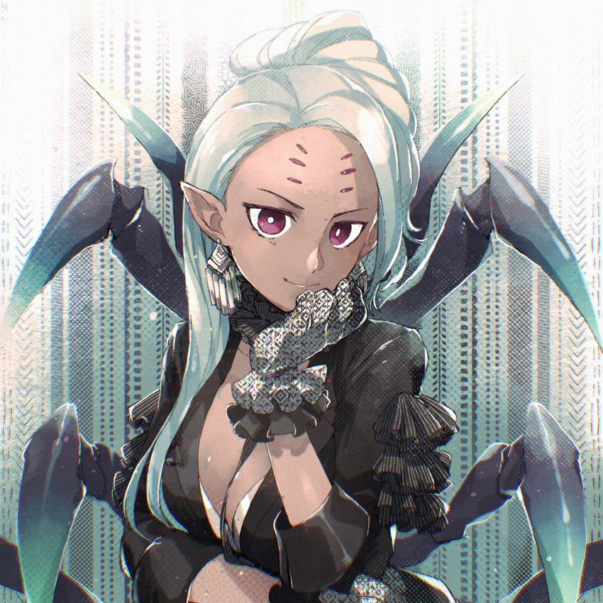 1girl arachne_(housamo) arthropod_girl arthropod_limbs asymmetrical_hair black_suit breasts cleavage dark-skinned_female dark_skin earrings extra_eyes filtered frills gloves hand_on_own_face highres jewelry jinnai10 long_hair looking_at_viewer pink_eyes pointy_ears ponytail smile solo spider_girl tokyo_afterschool_summoners