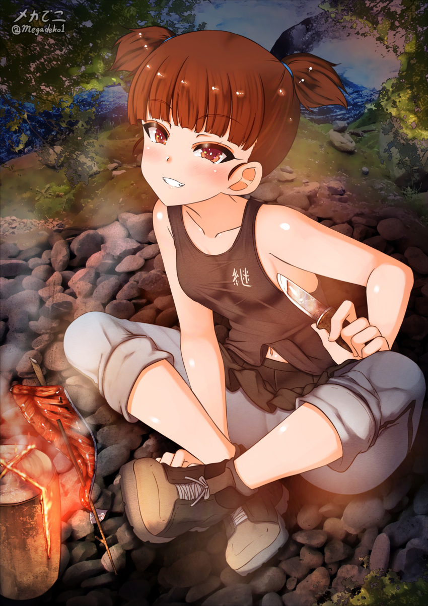 1girl aquaegg bare_shoulders black_tank_top blush breasts brown_eyes brown_hair cameltoe campfire eyebrows_visible_through_hair girls_und_panzer grin highres knife looking_at_viewer mikko_(girls_und_panzer) navel outdoors pants parted_lips shiny shiny_hair shiny_skin short_hair small_breasts smile solo tank_top twintails