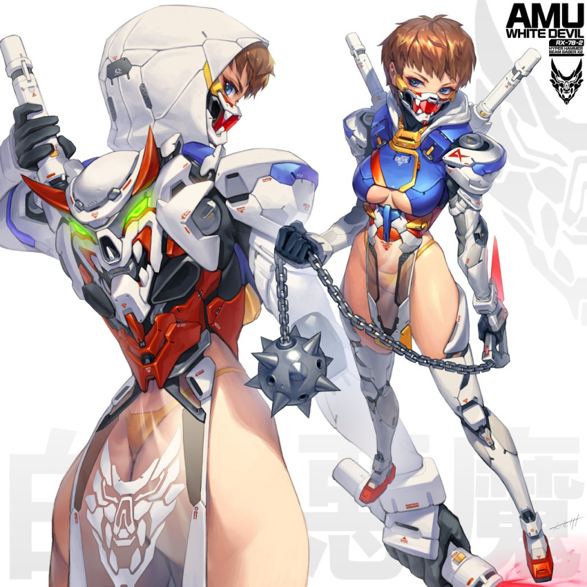 1girl ass beam_saber blue_eyes breasts brown_hair close-up english_commentary flail full_body gundam hichi highres hood hood_down hood_up mask mecha_musume medium_breasts mobile_suit_gundam mouth_mask ninja_mask original pelvic_curtain personification rx-78-2 see-through short_hair thighhighs underboob very_short_hair weapon