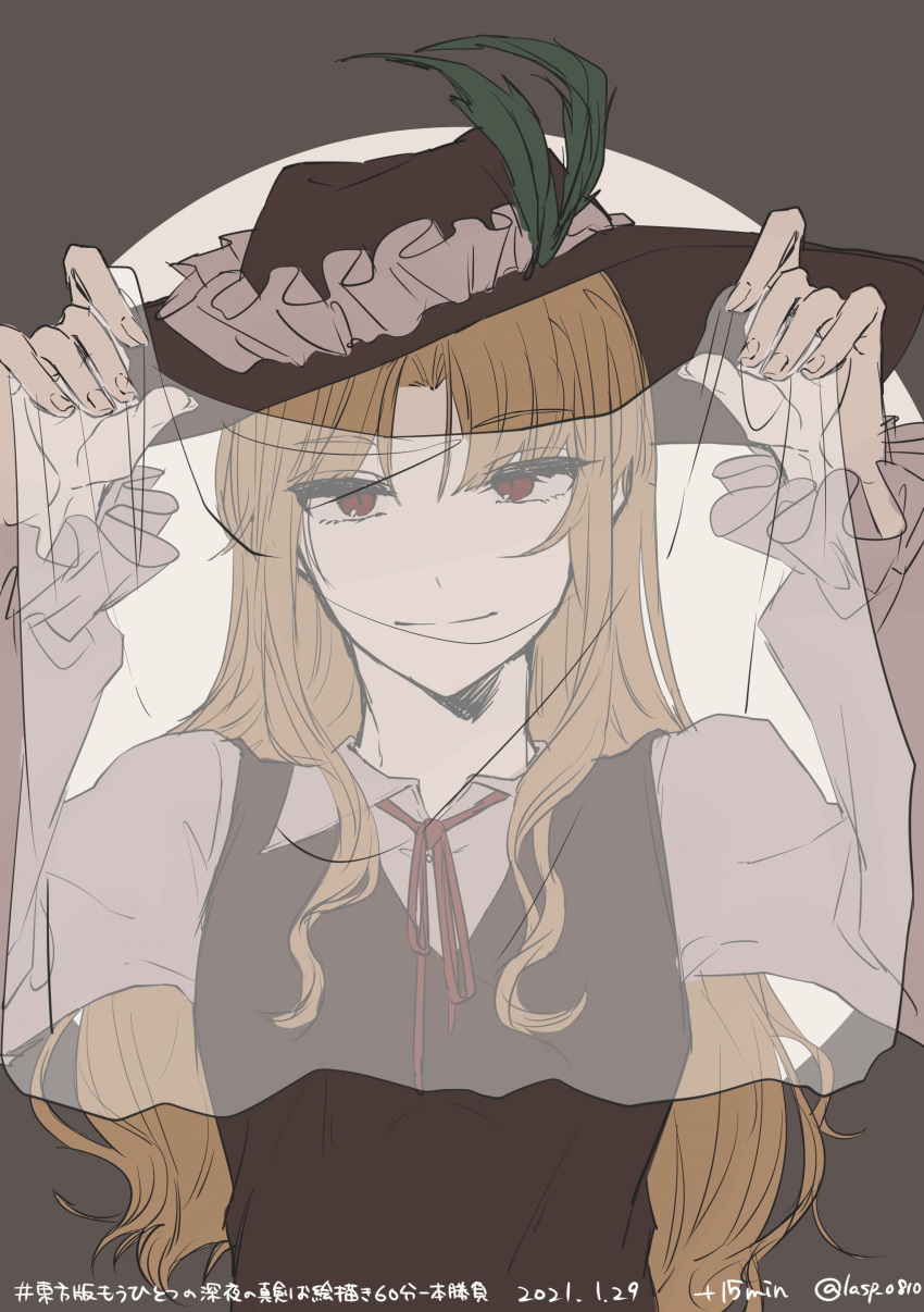 1girl absurdres blonde_hair breasts brown_headwear brown_vest closed_mouth collared_shirt commentary_request fedora fingernails frilled_hat frills hat hat_feather highres holding jacket_girl_(dipp) laspberry. long_hair long_sleeves looking_at_viewer red_eyes red_ribbon ribbon see-through shirt small_breasts smile touhou veil vest white_shirt white_veil