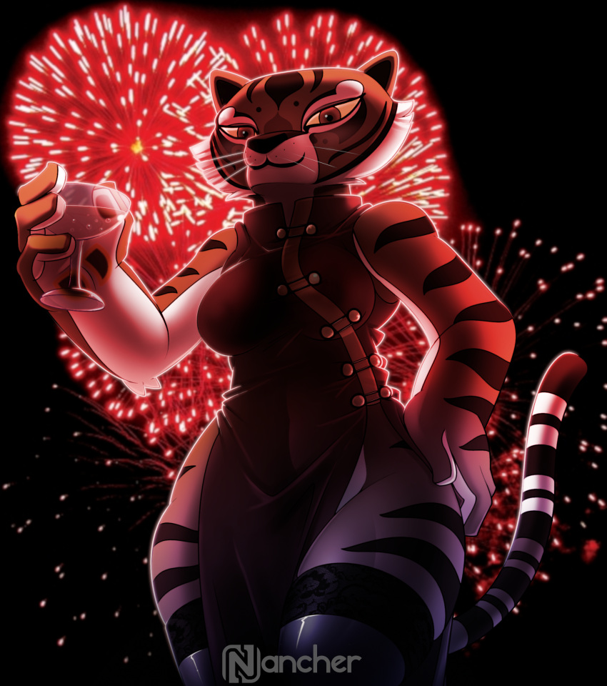 anthro asian_clothing champagne_glass chinese_clothing chinese_dress clothing dreamworks dress east_asian_clothing felid female fireworks fur hi_res holding_glass holding_object kung_fu_panda legwear looking_at_viewer low-angle_view mammal master_tigress nancher pantherine solo stockings striped_body striped_fur stripes tiger