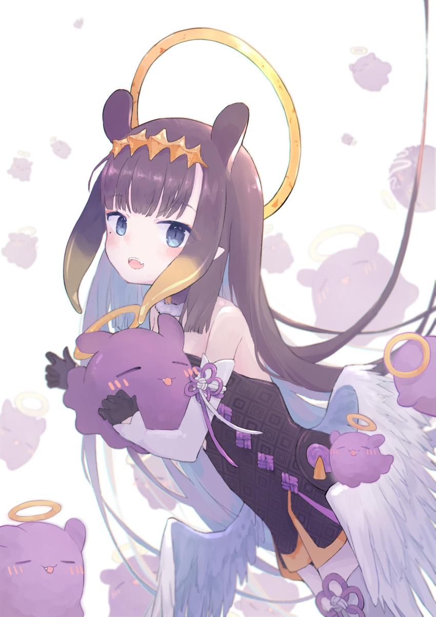1girl :d absurdres bangs black_collar black_dress black_gloves blue_eyes blunt_bangs collar creature detached_sleeves dress feathered_wings flat_chest fur-trimmed_collar gloves gradient_hair halo headpiece highres hololive hololive_english hugging_own_legs kuroriddle long_hair looking_at_viewer low_wings mole mole_under_eye multicolored_hair ninomae_ina'nis orange_hair pointy_ears purple_hair short_dress single_thighhigh slit_pupils smile solo_focus strapless strapless_dress tako_(ninomae_ina'nis) tentacle_hair thighhighs tube_dress very_long_hair virtual_youtuber white_legwear white_wings wings