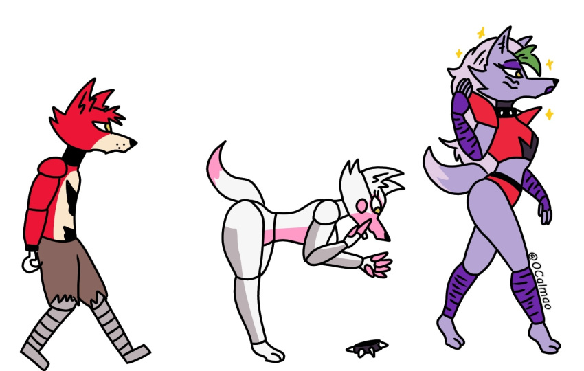 animatronic anthro arm_warmers armwear barefoot bimbofication blush bottomwear breasts canid canine canis clothing collar crop_top eyelashes eyeshadow facial_markings feet female fingers_in_hair five_nights_at_freddy's five_nights_at_freddy's:_security_breach fox foxy_(fnaf) funtime_foxy_(fnaf) funtime_foxy_(fnafsl) green_hair grey_body group hair head_markings hook_hand hotpants leaning leaning_forward leg_warmers legwear lipstick looking_down machine makeup male mammal markings meme metallic_body midriff ocalmao pants red_body robot roxanne_wolf_(fnaf) scottgames shirt shorts side_butt simple_background sister_location spiked_collar spikes topwear torn_bottomwear torn_clothing torn_pants video_games walking white_background white_body white_hair wolf